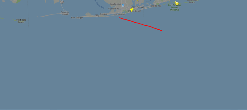 Red track is approximate flight path of large airliner estimated at 5,000-10,000 feet AGL, heading ESE. I was standing where the yellow arrow is.